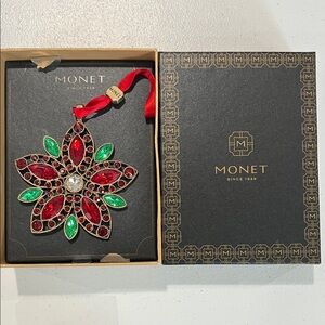 NIB Monet Christmas Ornament Gorgeous Gold with Vibrant Red & Green Gems